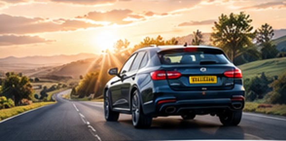 Car driving along a country road at sunset