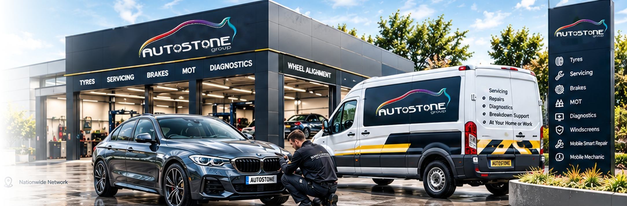 Autostone Rapid Centre with a technician checking a car and an Autostone mobile mechanic van